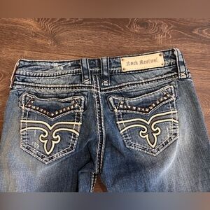 Rock Revival Women's Boot Cut Jeans in Washed Blue with Cream Stitching